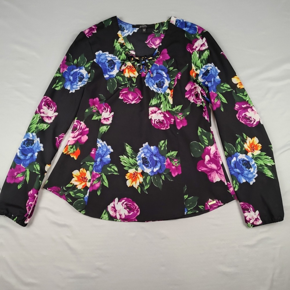 GUESS Blouse Womens L Black Floral Rose Lace Up V Neck Long Sleeve Boho Top